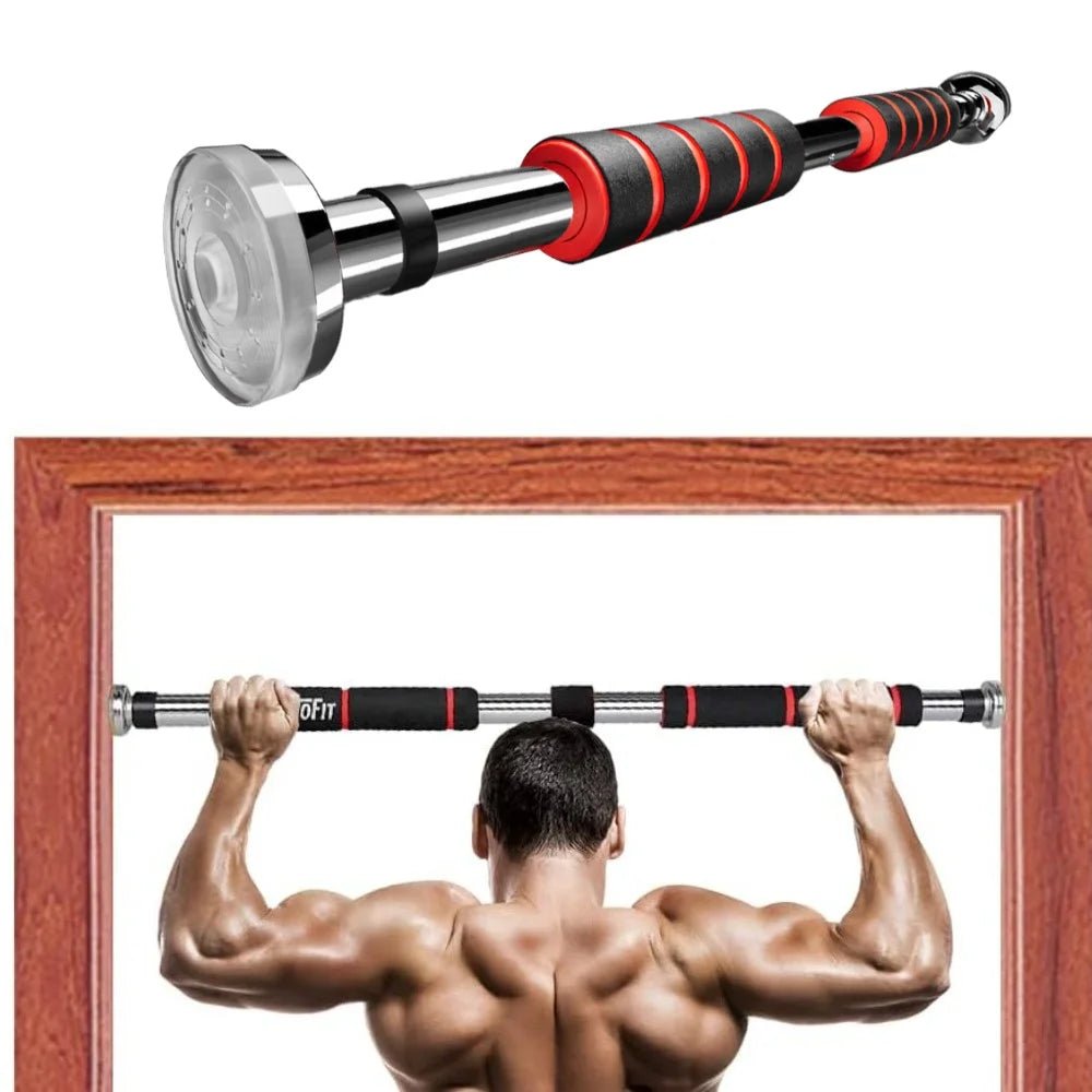 Pull-up bar with red and black grip on a white background, with a man doing pull-ups in the foreground.