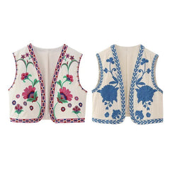 Floral Embroidered Vest Women Vintage Waistcoat Traditional Boho Open Blazer Casual Fashion Top