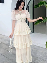 Maxi Dress Women Lace 3-Tier Ruffle Short Sleeve Patchwork Elegant Designer Inspired Long Dress