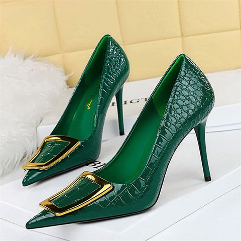 High Heel Pumps Women Pointed Toe Metal Buckle Snake Metallic PU Leather Party Fashion Shoes