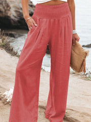 Cotton Linen Wide Leg Pants Women Loose Elastic Waist Long Casual Beach Vacation Spring Summer