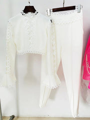 Pant Suit Women 2-Piece Flare Sleeve Hollow Out Lace Trim Top Slim Pencil Pants Designer Inspired Set