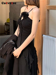Hollow Out Midi Dress Women Black Sleeveless Elegant Evening Party Casual Fashion Dress