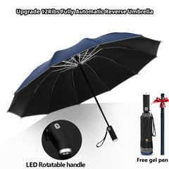 Reverse Folding Umbrella Automatic LED Flashlight Windproof Reflective UV Protection Rain Sun