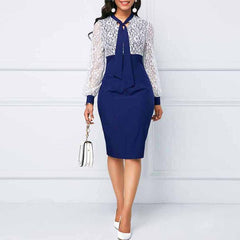 Lace Patchwork Midi Dress Women Scarf Collar Bodycon Knee Length Elegant Evening Party Fashion