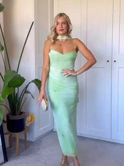 Light Green Scarf Collar Tulle Maxi Dress Women Backless Slim Sheath Elegant Party Wedding
