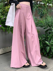 Women Loose High Waist Full-Length Solid Color Wide Leg Pants