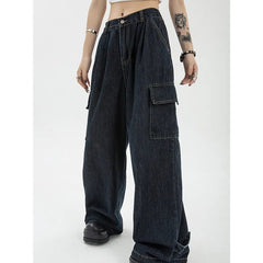 Jeans Women Vintage Blue High Waist Straight Baggy Wide Leg High Street Fashion Denim Trousers