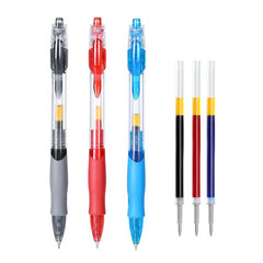 Four colorful pens with visible ink cartridges on a white background