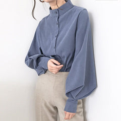 Lantern Sleeve Blouse Women Vintage Single Breasted Button Down Autumn Winter Casual Fashion Top