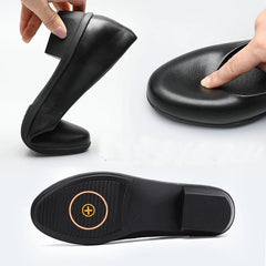 Work Pumps Women Black Leather Round Toe Thick Heel Soft Sole Professional Non-Slip Office Shoes