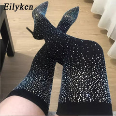 Sock Boots Women Crystal Rhinestone Stretch Fabric High Heel Over-The-Knee Pointed Toe Fashion Shoes