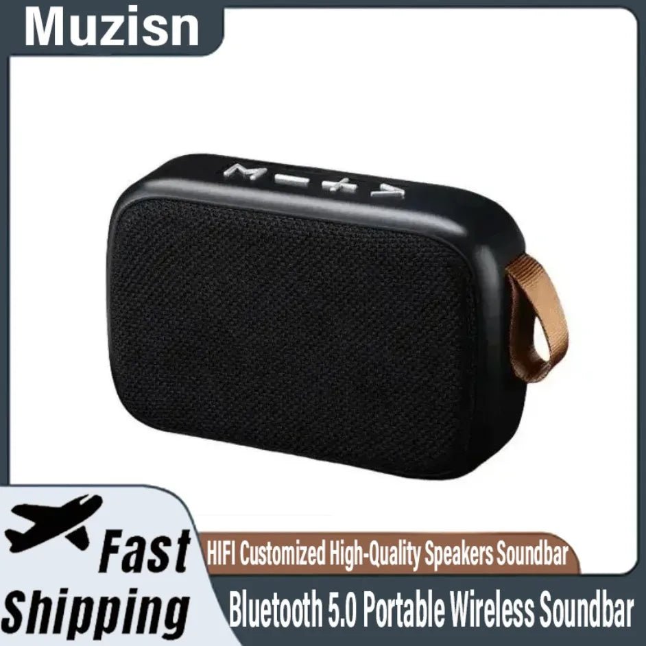 Black portable wireless soundbar with Muzisn branding on a white background