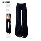 Black wide-leg pants with a person wearing them on a white background, featuring the brand 'Keramo'.