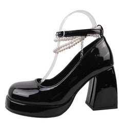 Platform Pumps Women Vintage Chunky High Heel Pearl Chain Ankle Strap Elegant Fashion Shoes