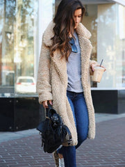 Women's Teddy Long Coats Notched Collar Lapel Faux Fur Jacket Open Front Winter Coats Plus Size Cardigan