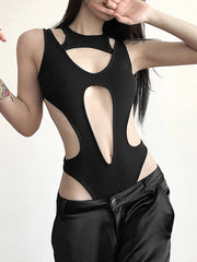 Bodysuit Women Gothic Hollow Out Y2K Patchwork Grunge Backless High Cut Slim Casual Streetwear Top
