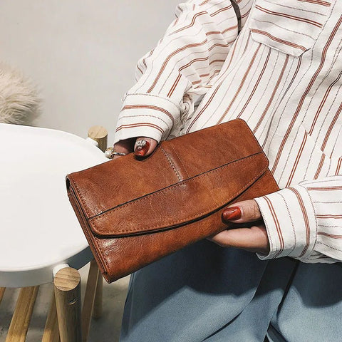 Wallet Women Vintage Trifold Large PU Leather Clutch Purse Hasp Closure Phone Credit Card Bag