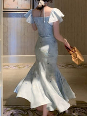 Lace-Up Mermaid Maxi Dress Women Elegant Short Sleeve Slim Party Evening Fashion Dress