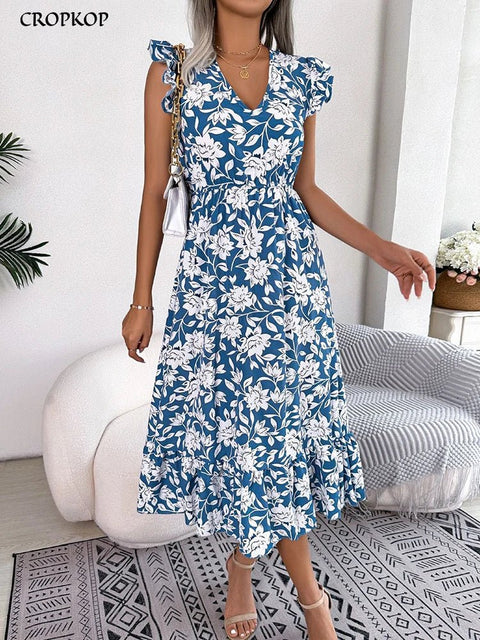 Midi Dress Women Floral Print Sleeveless Ruffle V-Neck Casual Holiday Beach Spring Summer Dress
