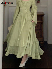 Flared Sleeve Fairycore Maxi Dress Women Solid Square Collar Long Elegant Casual Fashion