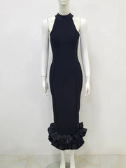 Bodycon Dress Women Halter Neck Ruffle Hem Black Mermaid Mid-Calf Bandage Elegant Wedding Gala Party