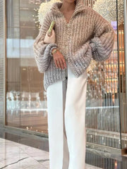 Sequin Cardigan Women Sparkly Knitted Long Sleeve Loose Zipper Stand Collar Elegant Fashion Sweater