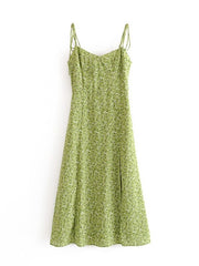 Floral Print Midi Dress Women Vintage Green Sleeveless Slit A-Line Casual Summer Fashion Dress