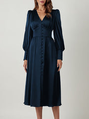 Long Sleeve Button Down Midi Dress Women Elegant Beige V-Neck High Slit Casual Work Cocktail