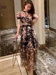 Maxi Dress Women Embroidered Mesh Sequin Flower Pattern High Quality Chic Elegant Summer Long Dress