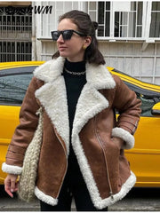Faux Fur Lapel Coat Women Long Sleeve Zipper Pockets Thick Warm Casual Winter Outerwear Fashion