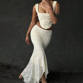 Elegant Lace Two-Piece Skirt Set Irregular Long Skirt And Corset Top French Style Bodycon Matching Sets
