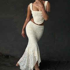 Elegant Lace Two-Piece Skirt Set Irregular Long Skirt And Corset Top French Style Bodycon Matching Sets