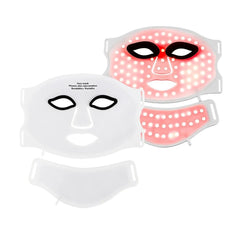 LED face mask with red and pink light on a white background