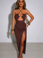 Halter Maxi Dress Women Hollow Out Drawstring Sleeveless Backless High Split Elegant Ruched Party Club