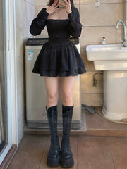 Skirt Set Women Vintage Lolita 3-Piece Square Neck Peplum Blouse Elastic Waist Mini A-Line Skirt Choker