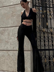 Sexy Black Crop Top Streetwear New Fashion Lace Up Bandage V-Neck Cut Out Long Sleeve Shirts