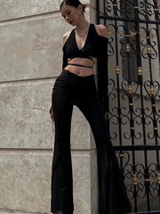 Crop Top Women Black Lace-Up Bandage V-Neck Cut Out Long Sleeve Streetwear Casual Top