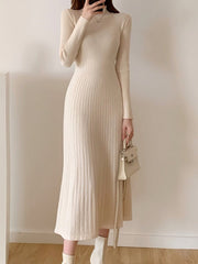 Long Sleeve Knitted Midi Dress Women Half High Collar Slim Elegant Party Fashion Dress
