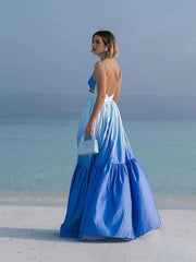 Maxi Dress Women Gradient Color Hollow Out Pleated V-Neck Sleeveless Loose Vacation Summer Boho Dress