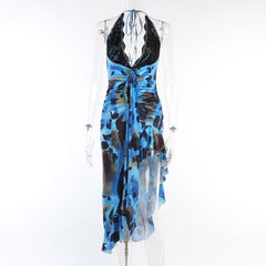 Backless Bodycon Midi Dress Women Blue Print Ruffle Lace Chic Party Summer Casual Fashion