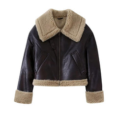 Faux Fur Velvet Jacket Women Chic Vegan Leather Warm Elegant Winter Casual Outerwear Fashion