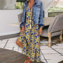 Flower Print Boho Maxi Dress Women Deep V-Neck Sleeveless Loose Elegant Beach Vacation Summer