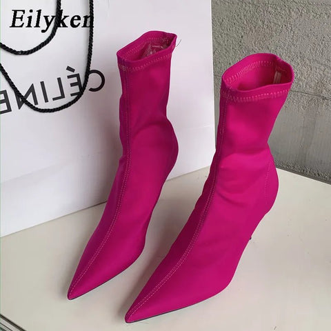 Ankle Boots Women Stretch Fabric Pointed Toe High Heel Pump Chic Elegant Fashion Shoes