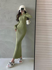 Long Sleeve Knit Slim Maxi Dress Women Collar Elegant Casual Party Winter Fashion Dress
