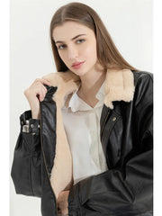 Women's Winter Faux Leather Jacket with Fur Collar and Fur Lining Loose Fit Warm Fake Lamb Wool Fleece Vintage Thick Lapel PU Motorcycle Style Coat Jacket