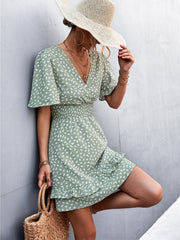 Butterfly Sleeve Print Mini Dress Women V-Neck Short A-Line Casual Summer Fashion Dress