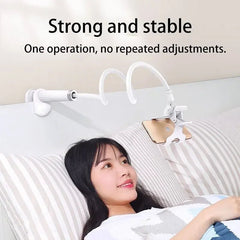 Woman lying in bed with a smartphone holder attached to a bed rail, text 'Strong and stable, One operation, no repeated adjustments.'.