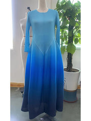 Gradient Pleated Maxi Dress Women Elegant Luxury Full Sleeve Folded Party Fashion Dress