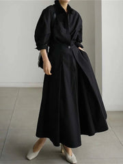 Long Sleeve Midi Dress Women Pleated Elegant Turndown Collar Loose Fit Casual Party Fashion Dress